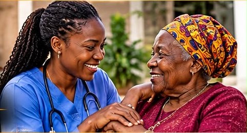 A carer smiling with an elderly woman