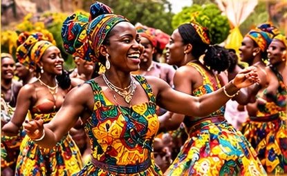 Dancers in vibrant traditional African print clothing