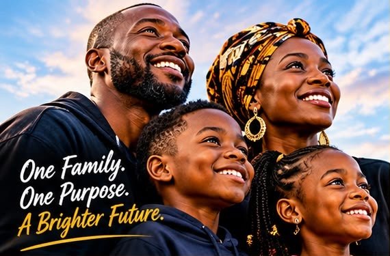 A Black family looking hopefully towards the future